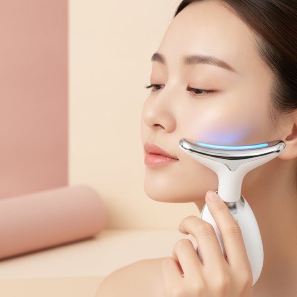 Close-up of a woman's cheek as a blue-light facial massager treats acne, with a soft cream and pink background.