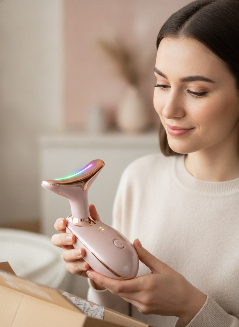 A woman in a New York apartment unboxes a sleek, wavy 7-color beauty facial massager, smiling subtly at the device.
