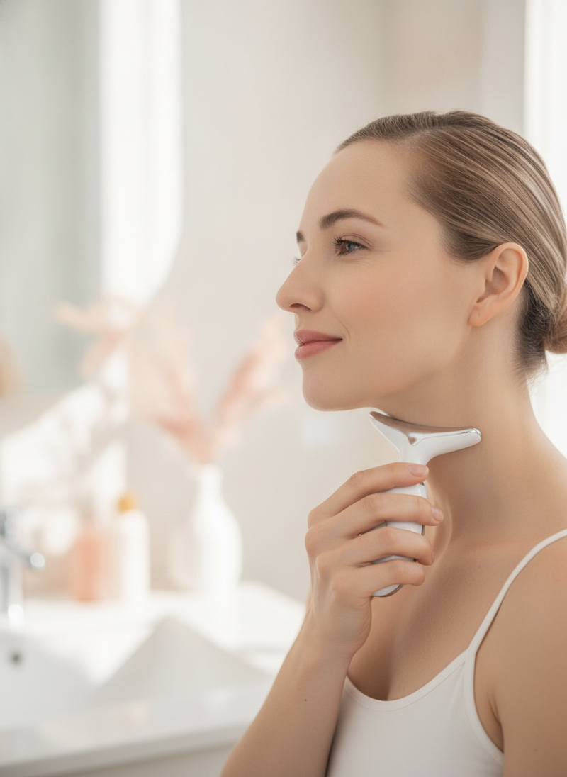 Woman in a well-lit bathroom using a wavy, 7-color microcurrent facial massager on her neck, looking at her reflection.