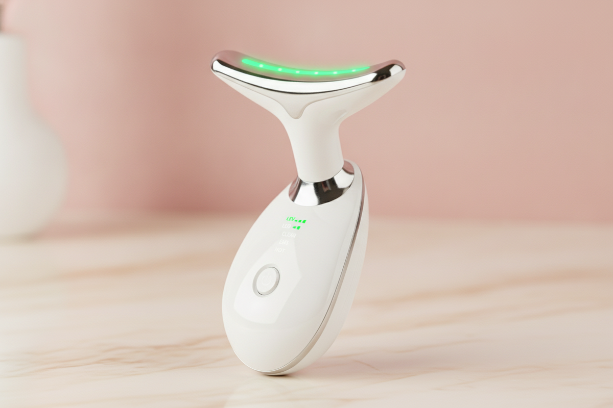A 7-color wavy microcurrent facial device with LED lights on a cream marble surface, with a blurred blush pink and rose backg