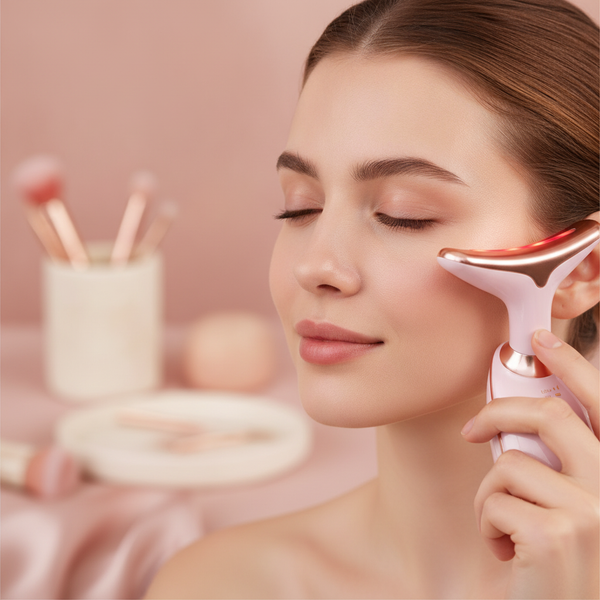 Close-up of a woman's cheek as the red light from a facial massager gently glides across her skin.