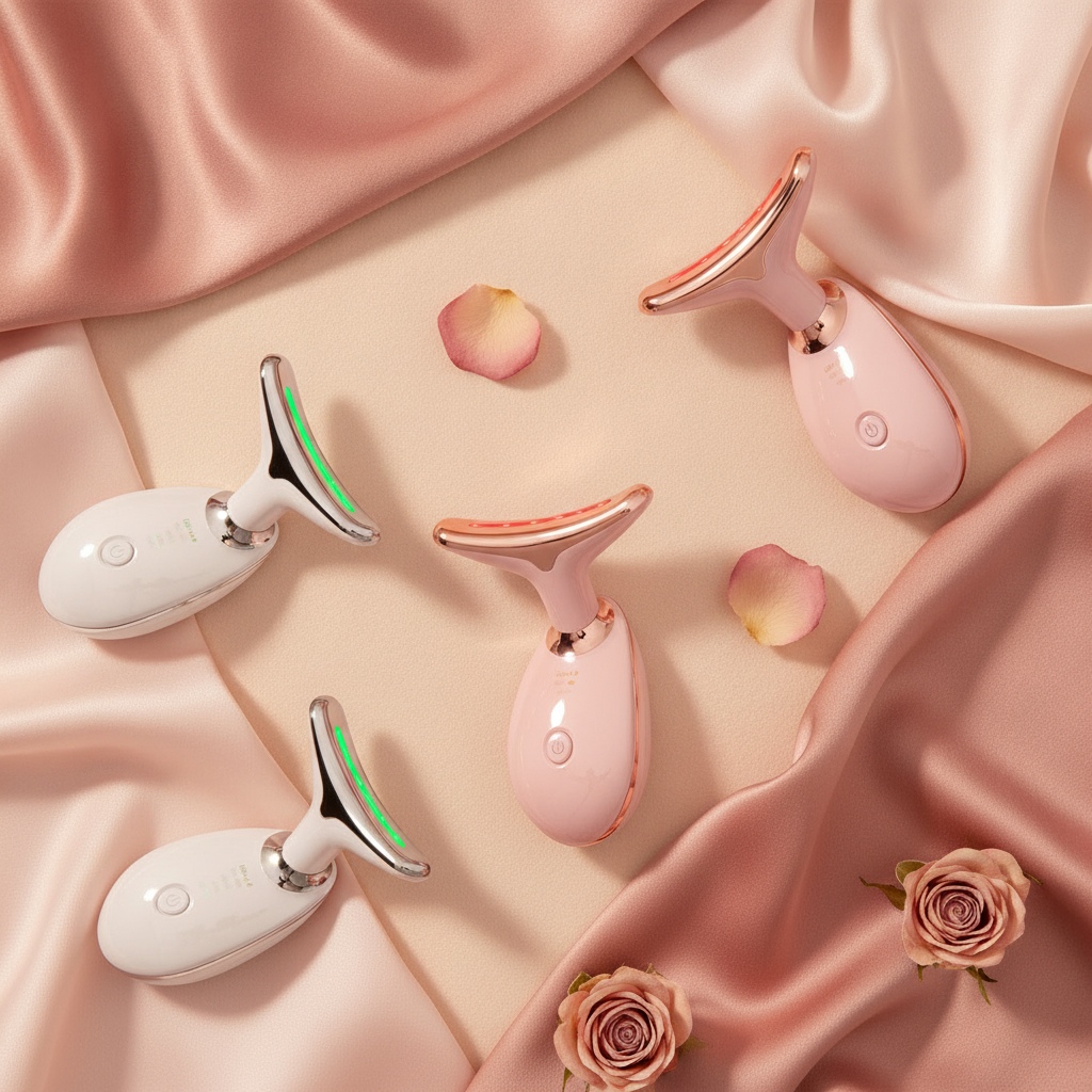 Multiple wavy 'Beauty Facial Massager' devices arranged on a warm cream surface with blush pink and rose fabrics, under soft 