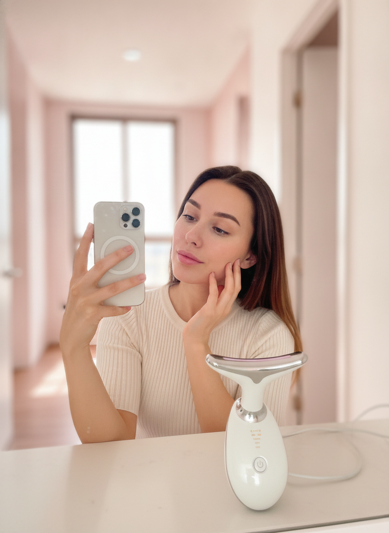 A close-up mirror selfie of a person with a visibly enhanced and defined jawline, reflecting results from a facial massager.